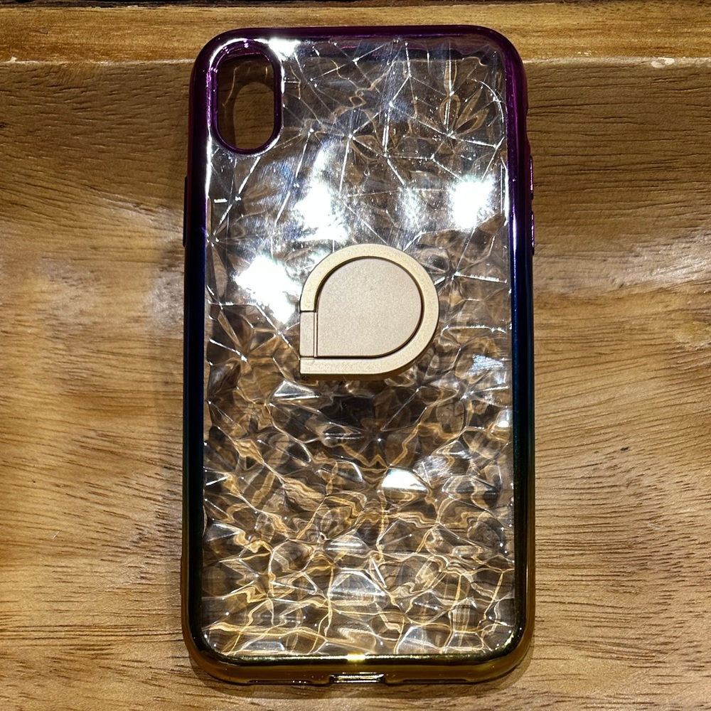iPhone XR Case w/ Finger Ring Clear 3D Geometric Texture Metallic Rainbow Border